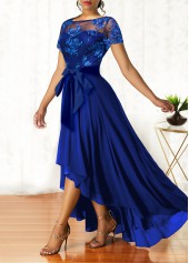 Royal Blue dresses,Plain Color dresses,ROTITA Sapphire Blue Lace Patchwork Belted Maxi Dress