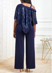 Navy jumpsuits & rompers,Plain Color jumpsuits & rompers,ROTITA Navy Cold Shoulder Sequin Asymmetric Hem Jumpsuit