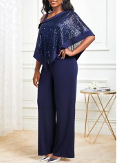 Navy jumpsuits & rompers,Plain Color jumpsuits & rompers,ROTITA Navy Cold Shoulder Sequin Asymmetric Hem Jumpsuit