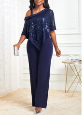 Navy jumpsuits & rompers,Plain Color jumpsuits & rompers,ROTITA Navy Cold Shoulder Sequin Asymmetric Hem Jumpsuit
