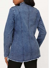 Denim Blue outerwear & coats,Plain Color outerwear & coats,ROTITA Button Denim Blue Stand Collar Long Sleeve Jacket