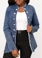 ROTITA Button Denim Blue Stand Collar Long Sleeve Jacket