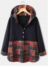 Button Navy Plaid Long Sleeve Hoodie