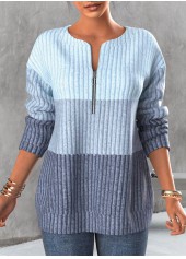 ROTITA Plus Size Zipper Contrast Light Blue Round Neck Sweatshirt