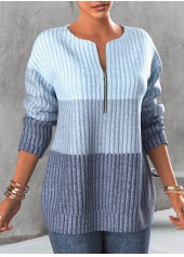 Light Blue plus size,Contrast Color plus size,ROTITA Plus Size Zipper Contrast Light Blue Round Neck Sweatshirt