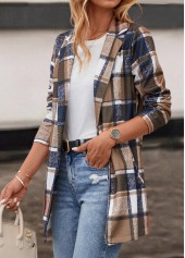 Dark Camel outerwear & coats,Plaid outerwear & coats,Striped outerwear & coats,Geometric outerwear & coats,Pocket Plaid Dark Camel Lapel Long Sleeve Coat