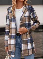 Dark Camel outerwear & coats,Plaid outerwear & coats,Striped outerwear & coats,Geometric outerwear & coats,Pocket Plaid Dark Camel Lapel Long Sleeve Coat