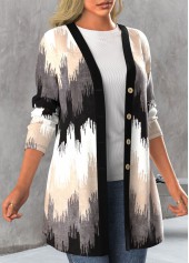 Black outerwear & coats,Geometric outerwear & coats,ROTITA Button Geometric Print Black Long Sleeve Coat