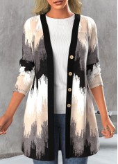 ROTITA Button Geometric Print Black Long Sleeve Coat