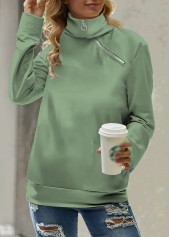 Green tops,Plain Color tops,Zipper Green Asymmetrical Neck Long Sleeve Sweatshirt