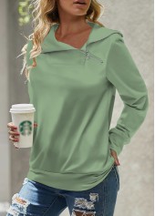 Zipper Green Asymmetrical Neck Long Sleeve Sweatshirt