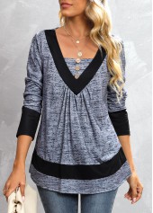 Dark Grey Marl tops,Contrast Color tops,Button Dark Grey Marl Square Neck T Shirt