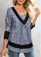 Dark Grey Marl tops,Contrast Color tops,Button Dark Grey Marl Square Neck T Shirt