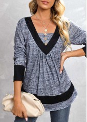 Dark Grey Marl tops,Contrast Color tops,Button Dark Grey Marl Square Neck T Shirt