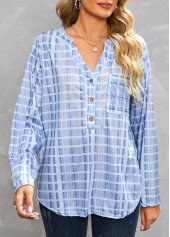 Pocket Plaid Dusty Blue Split Neck Blouse