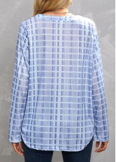 Dusty Blue tops,Plaid tops,Geometric tops,Striped tops,Pocket Plaid Dusty Blue Split Neck Blouse