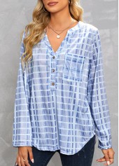 Dusty Blue tops,Plaid tops,Geometric tops,Striped tops,Pocket Plaid Dusty Blue Split Neck Blouse
