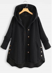 Pocket Black Hooded Long Sleeve Coat