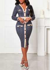 Navy dresses,Plaid dresses,Geometric dresses,Button Long Sleeve Navy V Neck Bodycon Dress