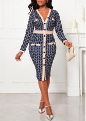 Button Long Sleeve Navy V Neck Bodycon Dress
