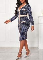 Navy dresses,Plaid dresses,Geometric dresses,Button Long Sleeve Navy V Neck Bodycon Dress