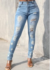 Hole Light Blue Skinny Zipper Fly Jeans