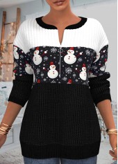Black plus size,Christmas plus size,ROTITA Plus Size Patchwork Snowman Print Black Christmas Round Neck Sweatshirt