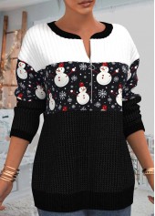 Black plus size,Christmas plus size,ROTITA Plus Size Patchwork Snowman Print Black Christmas Round Neck Sweatshirt