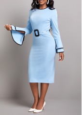Light Blue dresses,Plain Color dresses,Belted Light Blue Contrast Binding Bodycon Dress