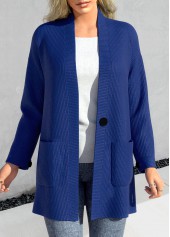 ROTITA Plus Size Pocket Dark Blue Long Sleeve Coat
