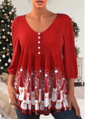 ROTITA Plus Size Red Button Christmas Santa Claus Print Blouse