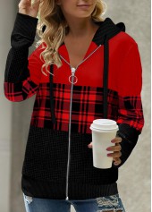 Red tops,Plaid tops,ROTITA Patchwork Plaid Red Long Sleeve Hoodie