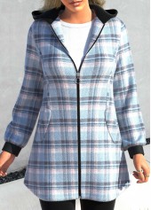 ROTITA Plus Size Zipper Plaid Light Blue Hooded Long Sleeve Jacket