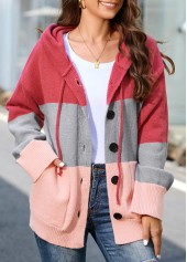 Pink plus size,Plain Color plus size,ROTITA Plus Size Button Up Pink Drawstring Hooded Collar Cardigan