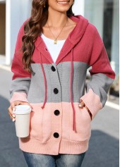 Pink plus size,Plain Color plus size,ROTITA Plus Size Button Up Pink Drawstring Hooded Collar Cardigan