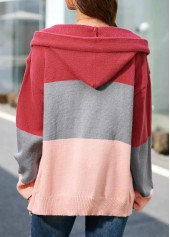Pink plus size,Plain Color plus size,ROTITA Plus Size Button Up Pink Drawstring Hooded Collar Cardigan