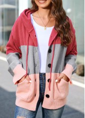 ROTITA Plus Size Button Up Pink Drawstring Hooded Collar Cardigan