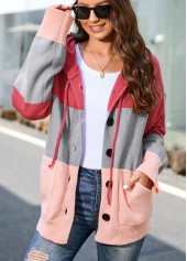 Pink plus size,Plain Color plus size,ROTITA Plus Size Button Up Pink Drawstring Hooded Collar Cardigan