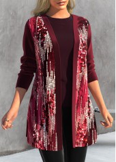 Wine Red plus size,Plain Color plus size,ROTITA Plus Size Sequin Wine Red Long Sleeve Coat