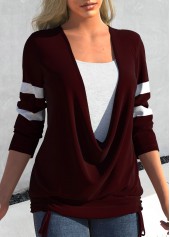 Deep Red plus size,Contrast Color plus size,ROTITA Plus Size Tie Side Deep Red Faux Two Piece T Shirt