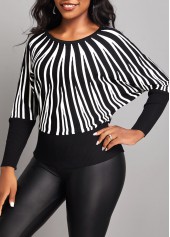 White tops,Geometric tops,Geometric Print White Round Neck Long Sleeve Sweater