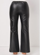 Black bottoms,Plain Color bottoms,Faux Leather Black Flare Leg Elastic Waist Pants