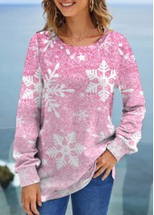 Snowflake Print White Round Neck Long Sleeve Sweatshirt