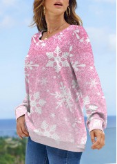 White tops,Christmas tops,Snowflake Print White Round Neck Long Sleeve Sweatshirt