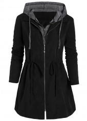 Plus Size Drawstring Black Hooded Long Sleeve Coat