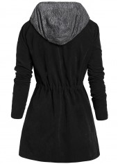 Black plus size,Contrast Color plus size,Plus Size Drawstring Black Hooded Long Sleeve Coat
