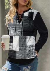 ROTITA Eyelet Plaid Black Lace Up Collar Sweatshirt