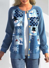ROTITA Patchwork Christmas Print Blue Round Neck Cardigan