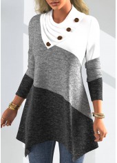 Multi Color tops,Contrast Color tops,ROTITA Patchwork Decorative Button Asymmetrical Neck Long Sleeve Sweatshirt