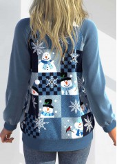 Blue tops,Christmas tops,ROTITA Patchwork Christmas Print Blue Round Neck Cardigan